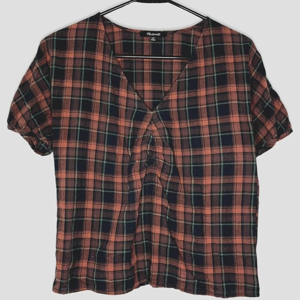 Madewell Womens Shirt XS Pink Plaid Cotton Short Puff Sleeve Gathered V-Neck
